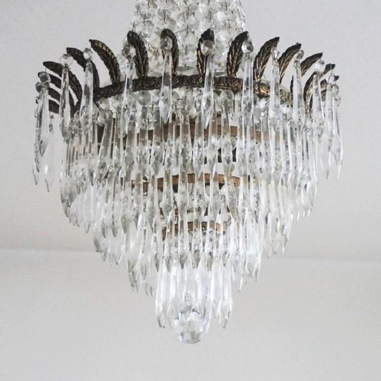 French Crystal Waterfall Chandelier Bronze Mounted In Good Condition For Sale In Frankfurt am Main, DE