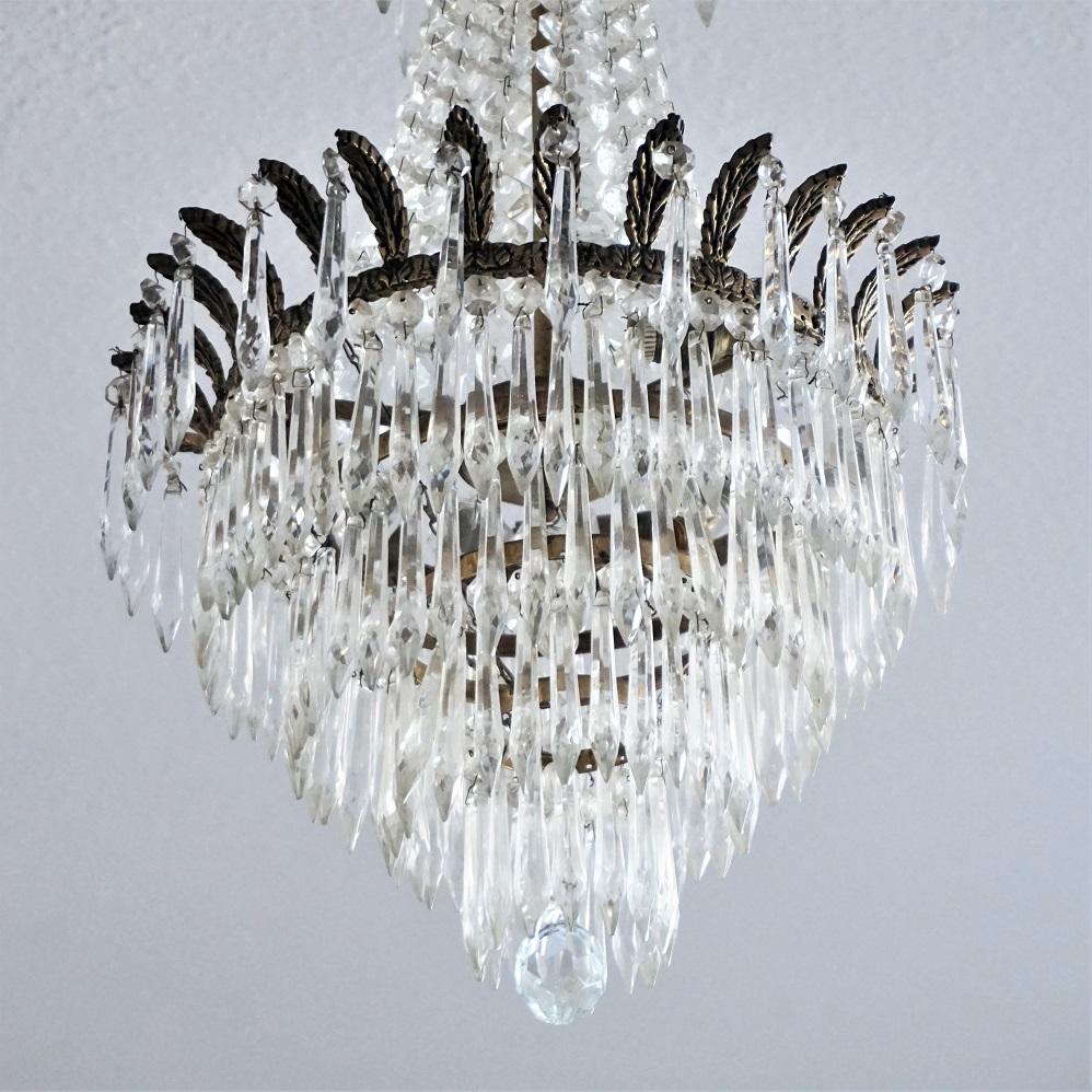 20th Century French Crystal Waterfall Chandelier Bronze Mounted For Sale