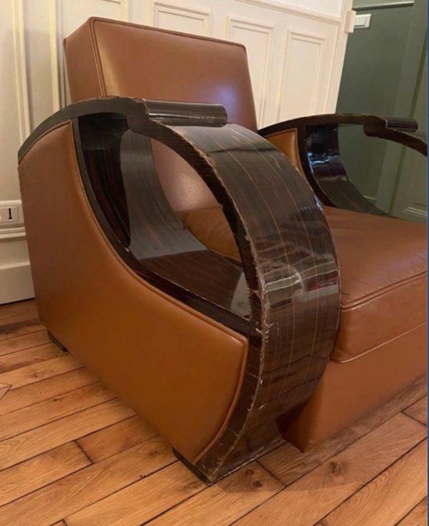 Art Deco French Cubic Art Déco Armchair - Clubchair Macassar Wood Veneer - Leather 1930s