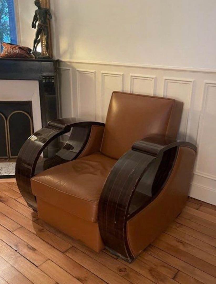 French Cubic Art Déco Armchair - Clubchair Macassar Wood Veneer - Leather 1930s In Fair Condition In Salzburg, AT