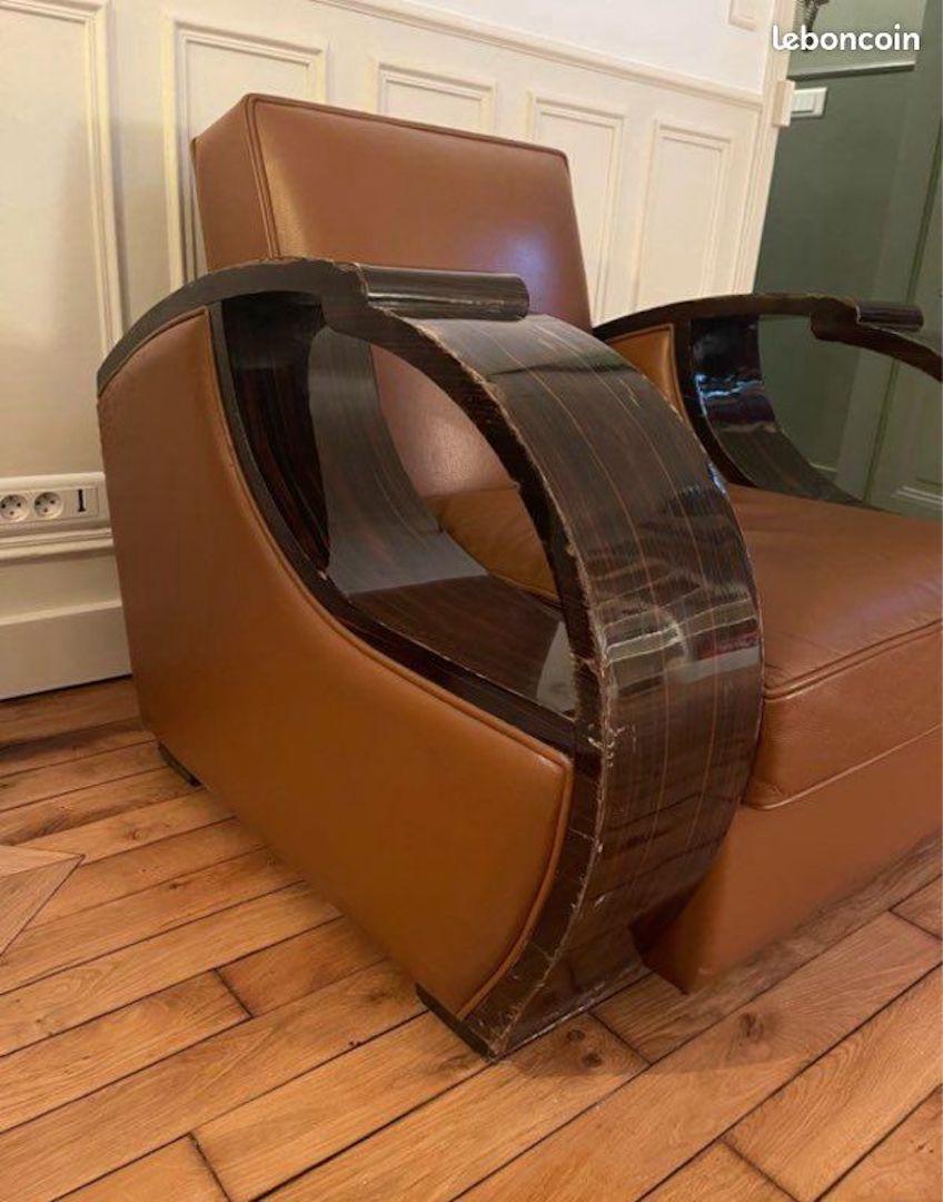 French Cubic Art Déco Armchair - Clubchair Macassar Wood Veneer - Leather 1930s 1