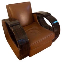 French Cubic Art Déco Armchair - Clubchair Macassar Wood Veneer - Leather 1930s