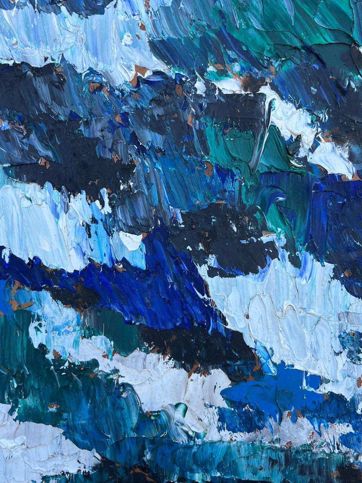 Paesaggio marino astratto Pennellate decise e spesse sfumature blu e grigie Olio French mid 20th - Painting di French Cubist 1950's