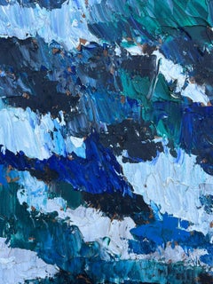 Abstract Seascape Bold Brushstrokes Thick Shades Blue & Grey French Mid 20th Oil