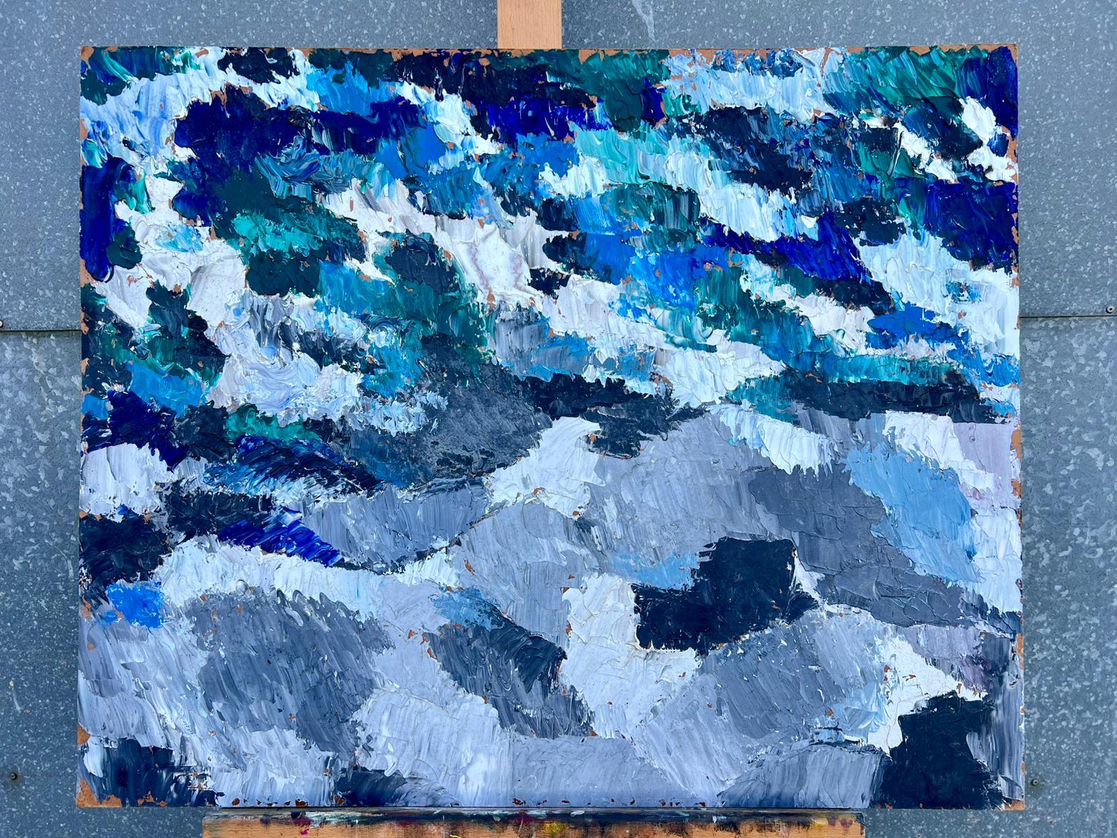 Paesaggio marino astratto Pennellate decise e spesse sfumature blu e grigie Olio French mid 20th - Painting Espressionismo astratto di French Cubist 1950's