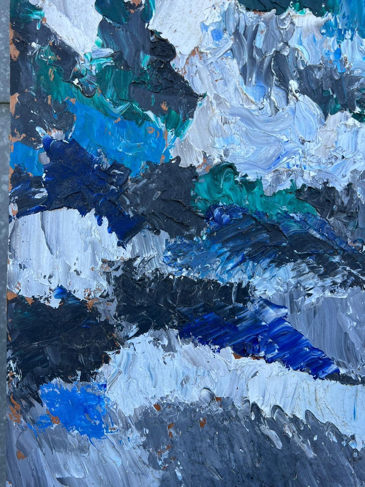 Paesaggio marino astratto Pennellate decise e spesse sfumature blu e grigie Olio French mid 20th - Abstract Painting Blu di French Cubist 1950's