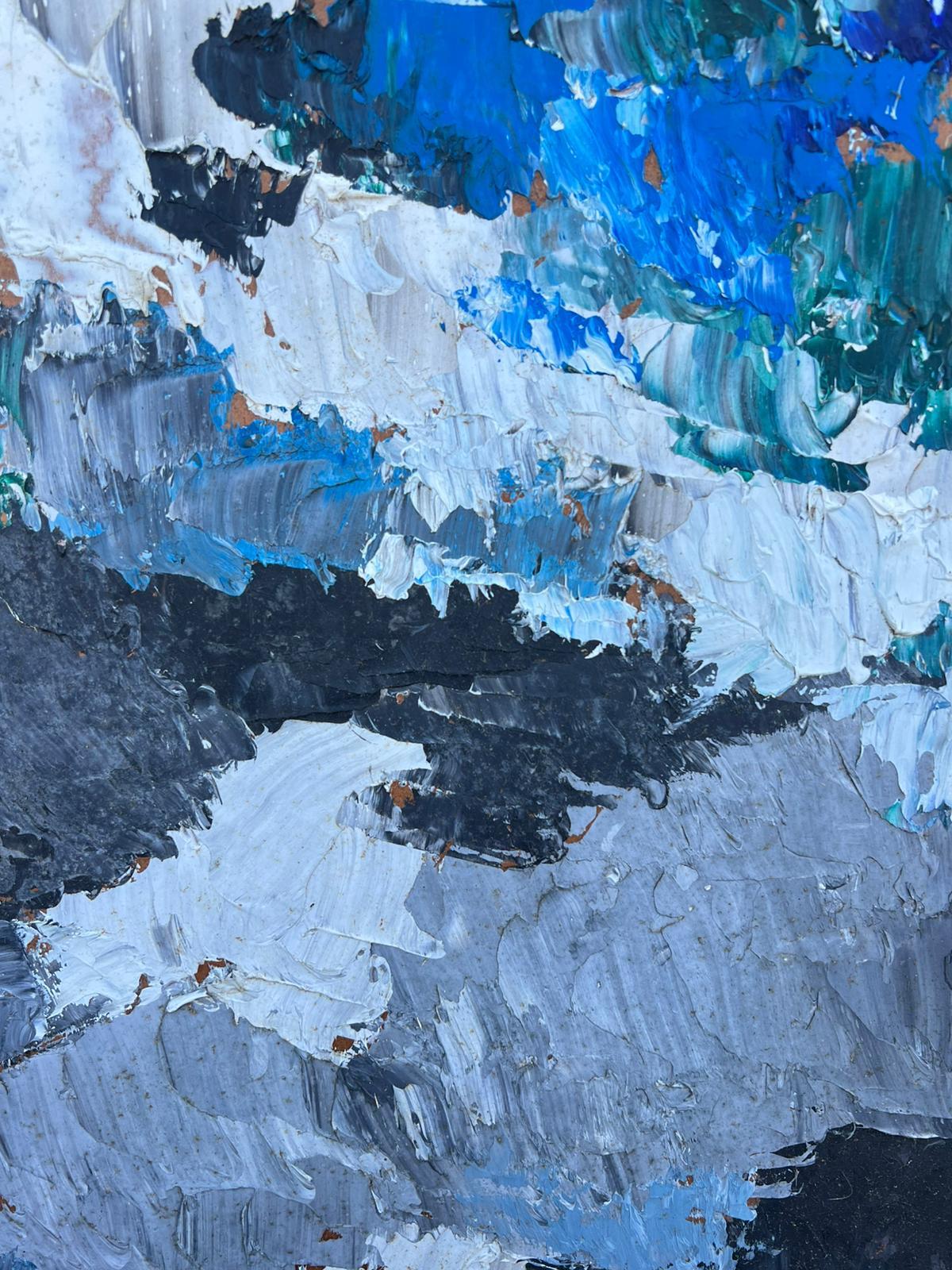 Paesaggio marino astratto Pennellate decise e spesse sfumature blu e grigie Olio French mid 20th in vendita 1