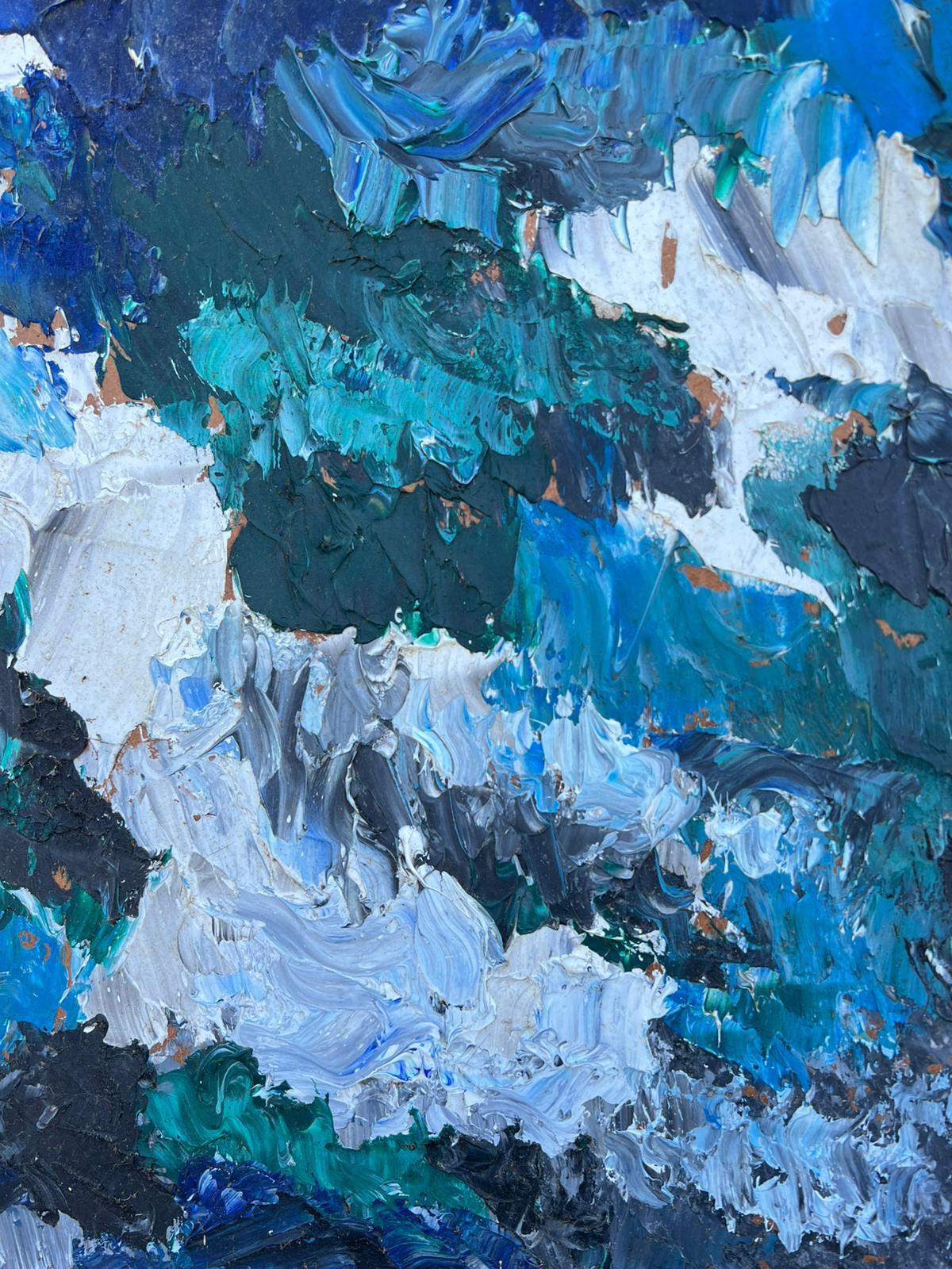 Paesaggio marino astratto Pennellate decise e spesse sfumature blu e grigie Olio French mid 20th in vendita 2