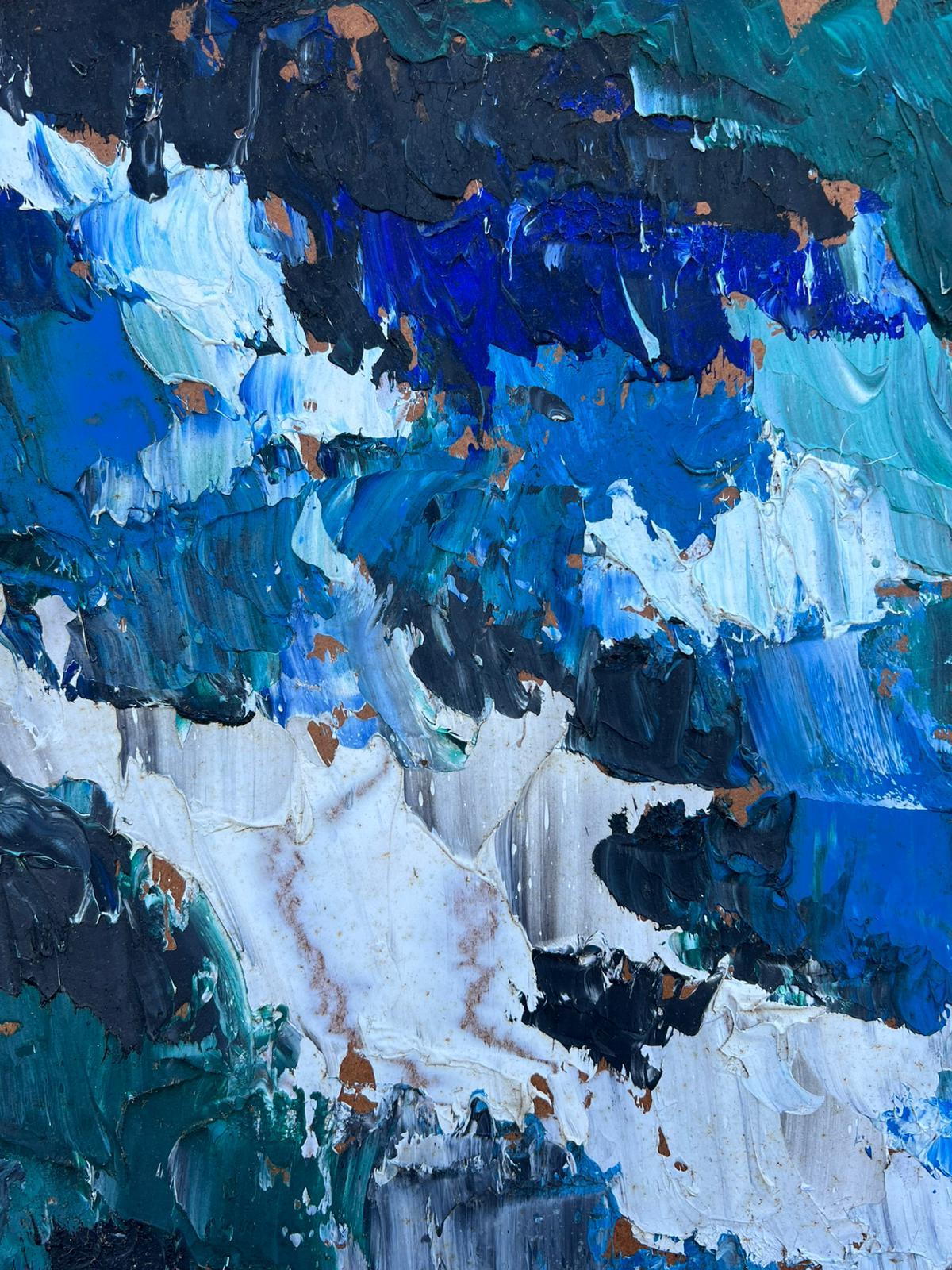 Paesaggio marino astratto Pennellate decise e spesse sfumature blu e grigie Olio French mid 20th in vendita 3