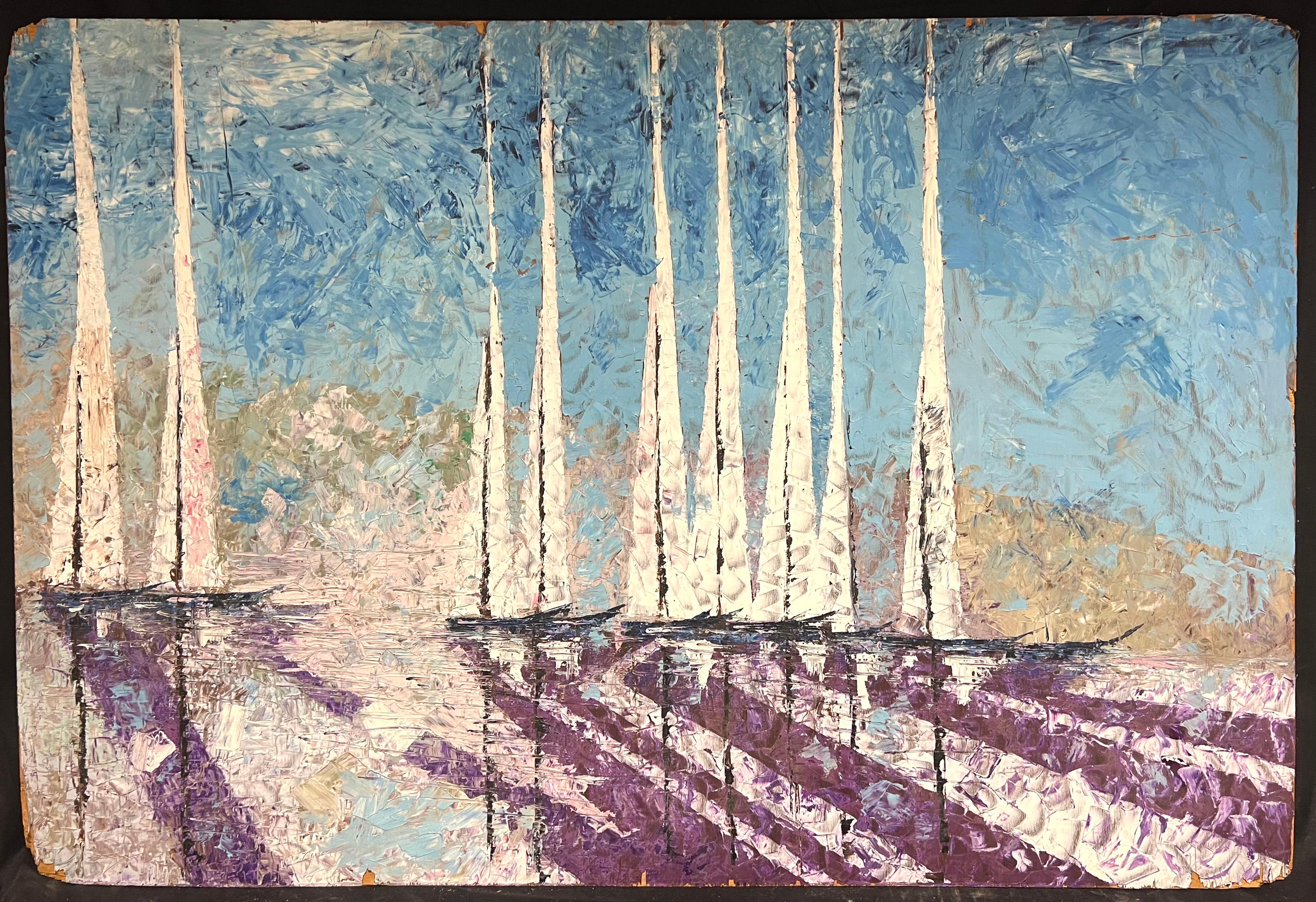 Grande dipinto a olio cubista della metà del XX secolo, barche a vela in armonia astratta - Painting di French Cubist 1950's