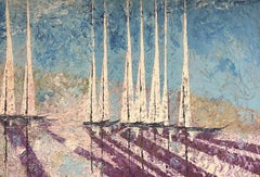 Large Mid 20th Century French Cubist Oil Painting Sailboats in Abstract Harmony