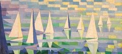 Large Mid 20th Century French Cubist Oil Painting Sailing Yachts Flotilla at Sea