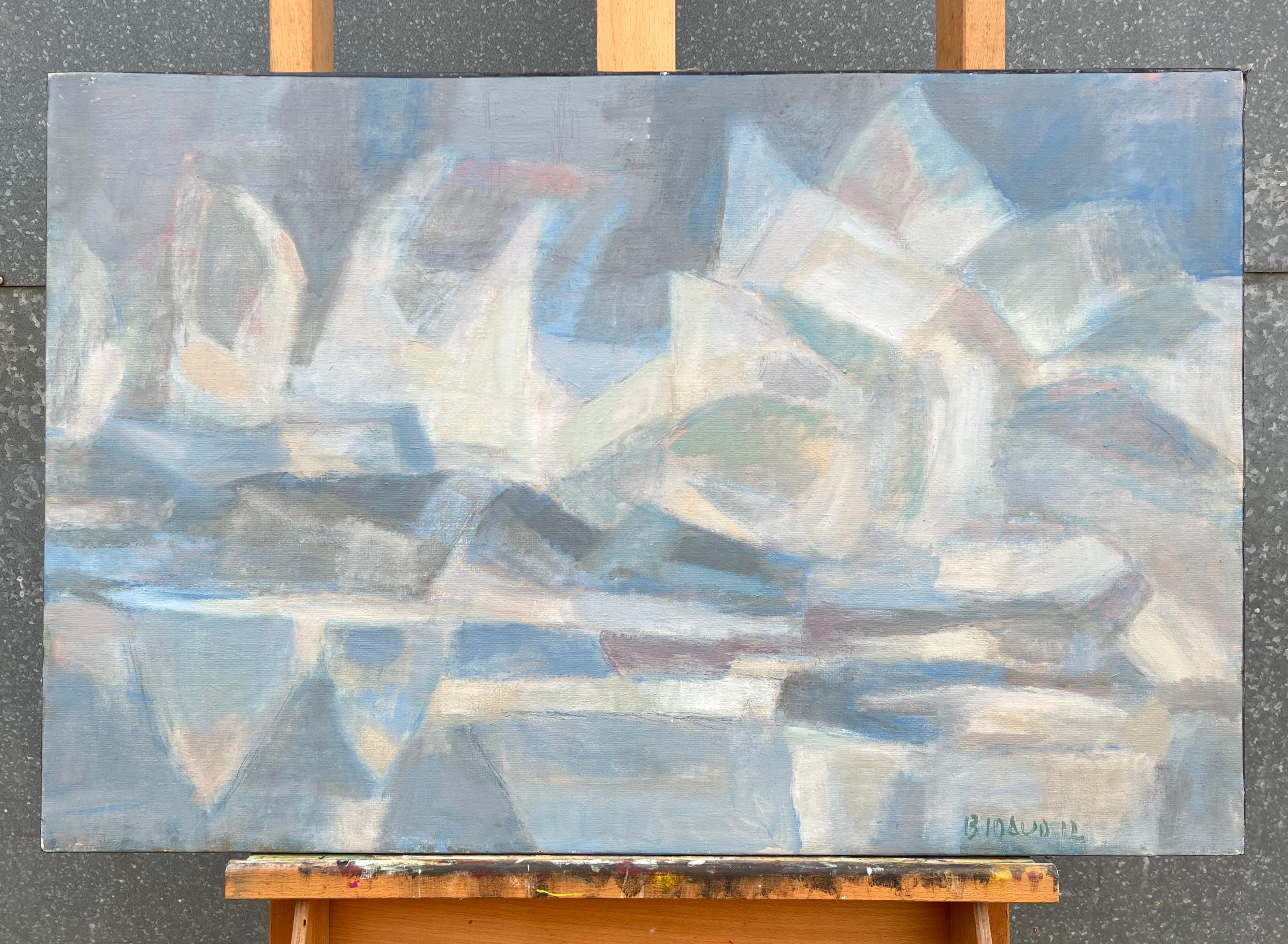 Large French Cubist Oil Painting Glacial Reflections Landscape in Cool Tones For Sale 1