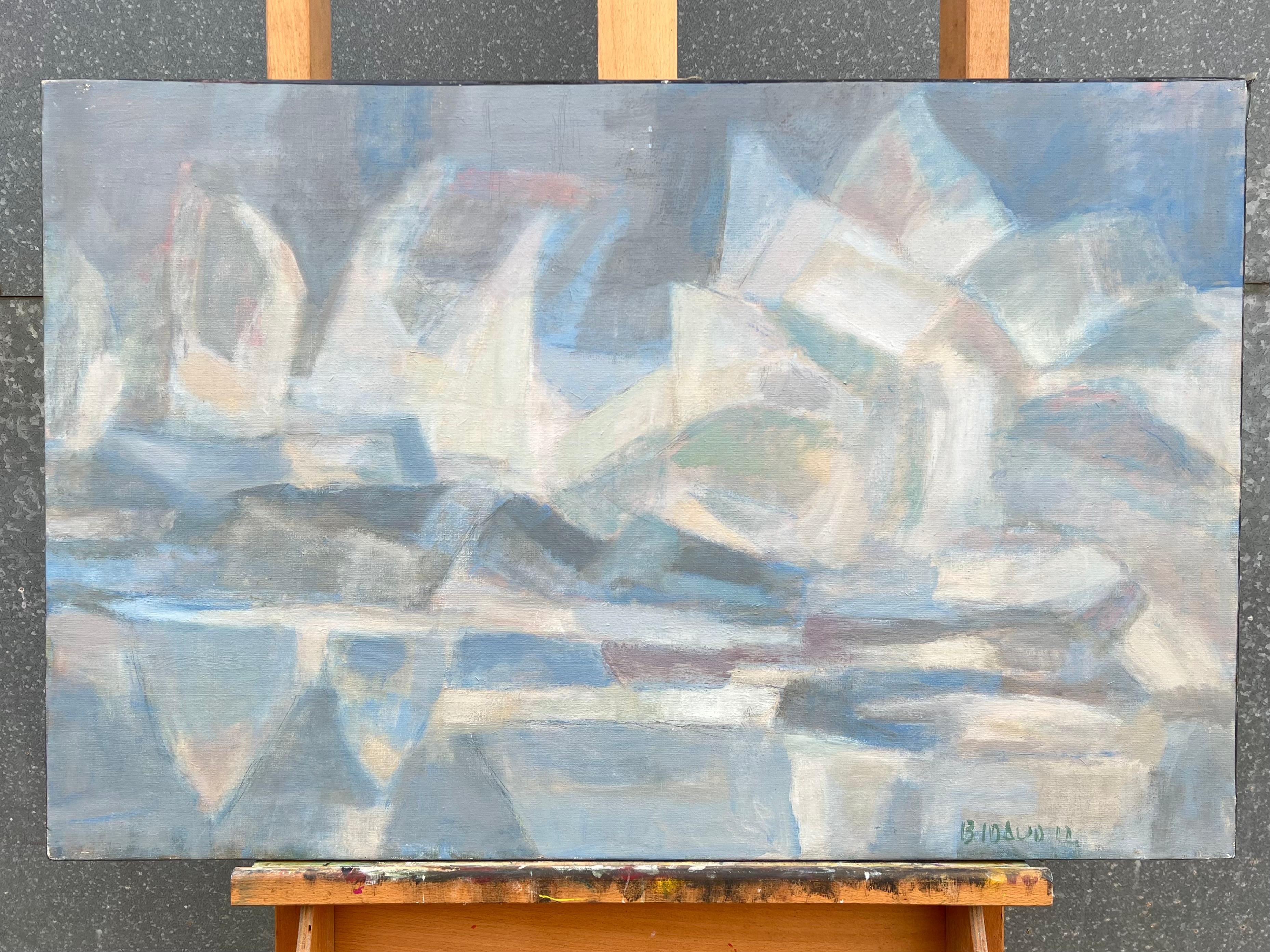 Large French Cubist Oil Painting Glacial Reflections Landscape in Cool Tones For Sale 2