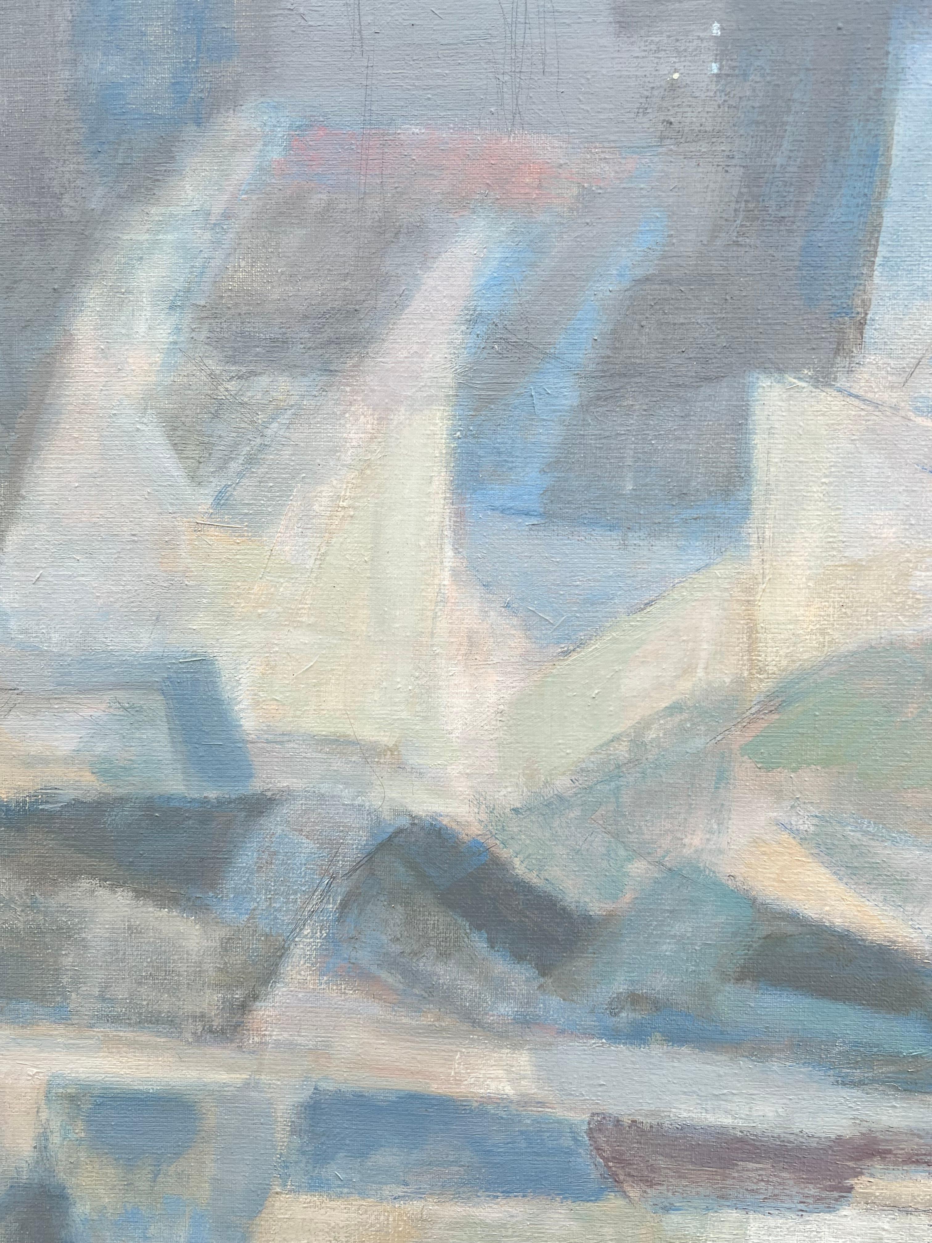 Large French Cubist Oil Painting Glacial Reflections Landscape in Cool Tones For Sale 4