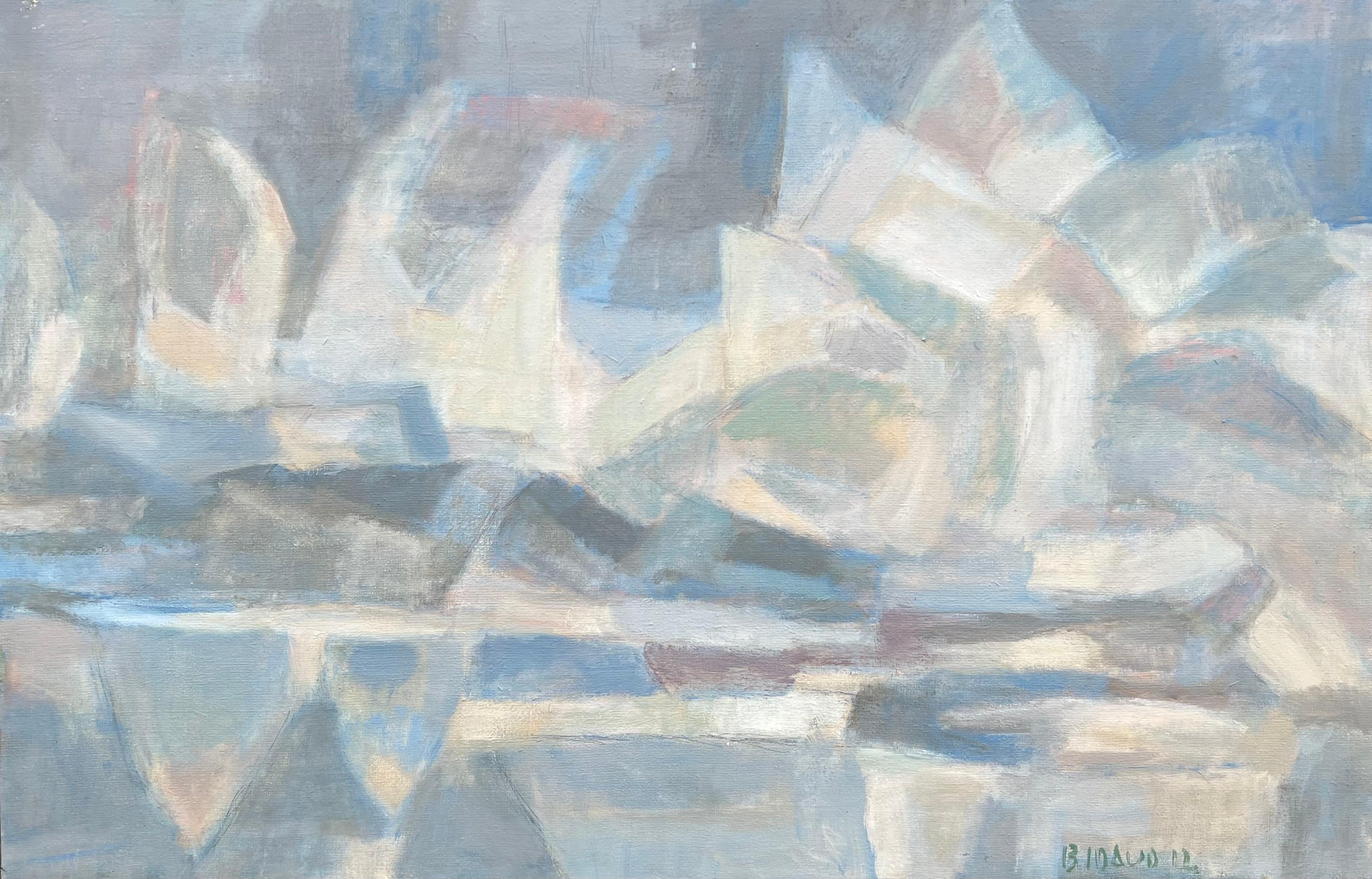 Cubist Landscape in Cool Tones
French artist, indistinctly signed and dated
oil on canvas, unframed
Canvas: 24 x 36 inches 
Provenance: private collection, France
Condition: very good condition

Description: This abstract landscape painting captures