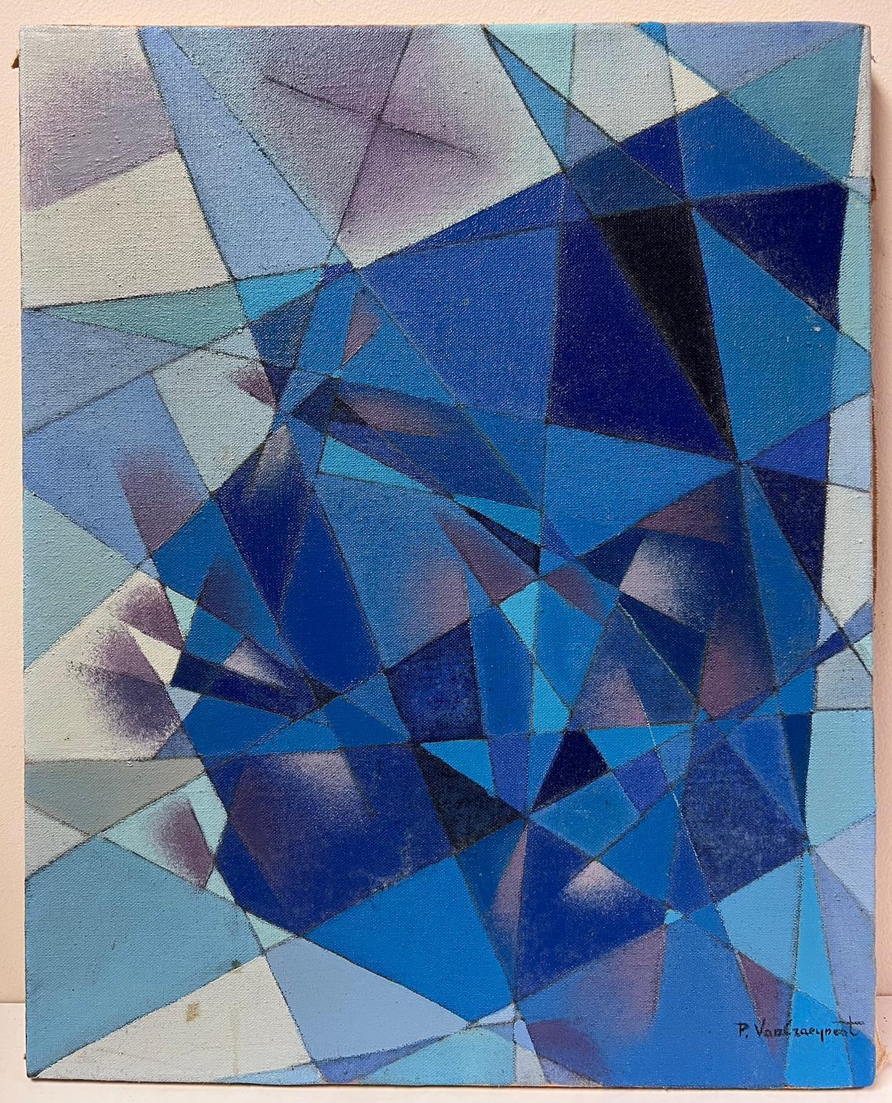 Pintura al óleo azul gris cubista francesa firmada c.1970's Period - Painting de French Cubist 20th Century