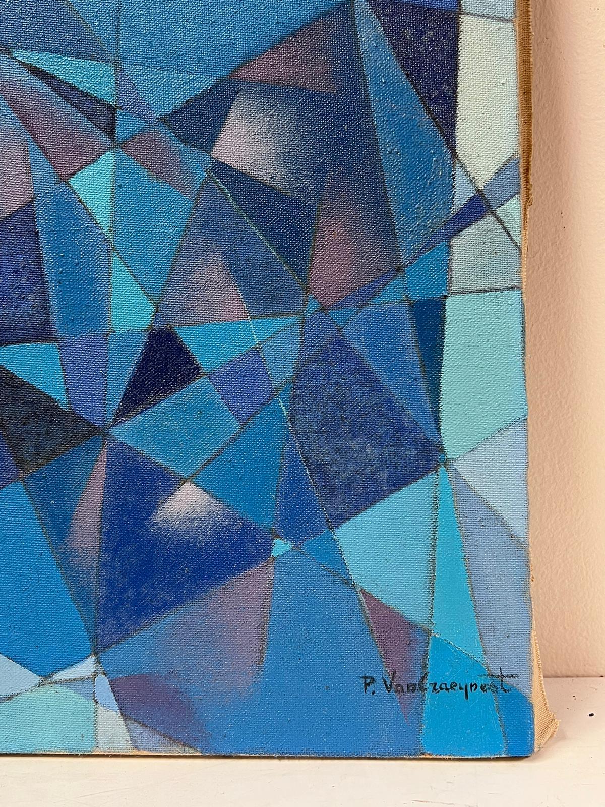 Pintura al óleo azul gris cubista francesa firmada c.1970's Period - Abstract Painting Azul de French Cubist 20th Century