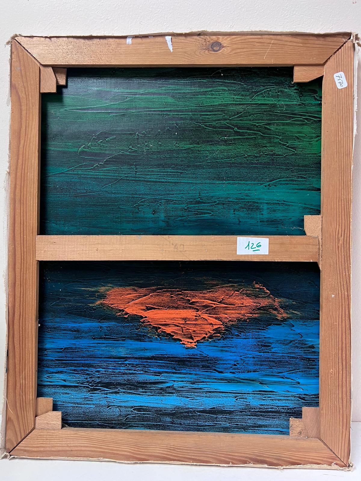 Pintura al óleo azul gris cubista francesa firmada c.1970's Period en venta 1