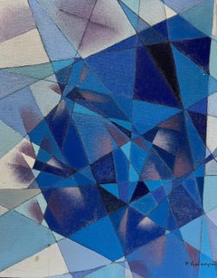 Peinture à l'huile cubiste française signée bleu-gris des années 1970