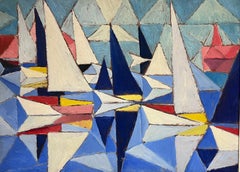 Sailing Boats at Sea Large French Cubist Oil Painting 20th century framed