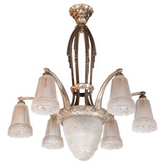 French Cubist Art Deco Nickeled Bronze and Frosted Glass Chandelier by Maynadier