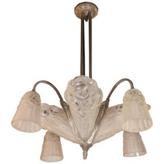 French Cubist Art Deco Nickeled Bronze Frosted Glass Chandelier, Signed Degué