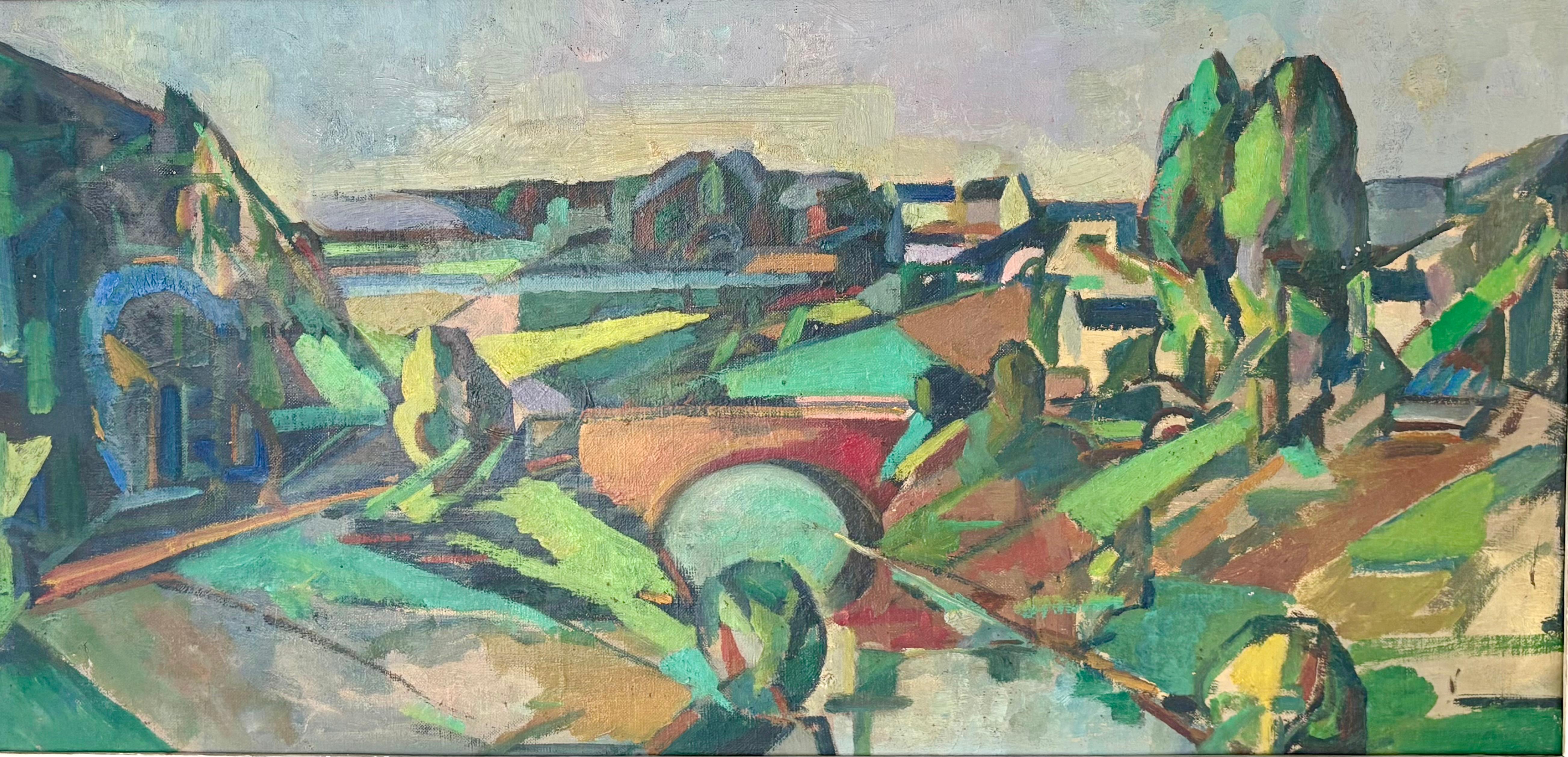 French,  Cubist, Oil on canvas,  c1960, Landscape,  in the style of André Lhote. Purchased in Avignon , the home of André Lhote , This is a wonderful French cubist oil on canvas C 1960.