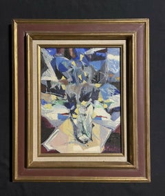 1970's French Cubist Abstract Oil Painting Signed, Blue & White Flowers in Vase