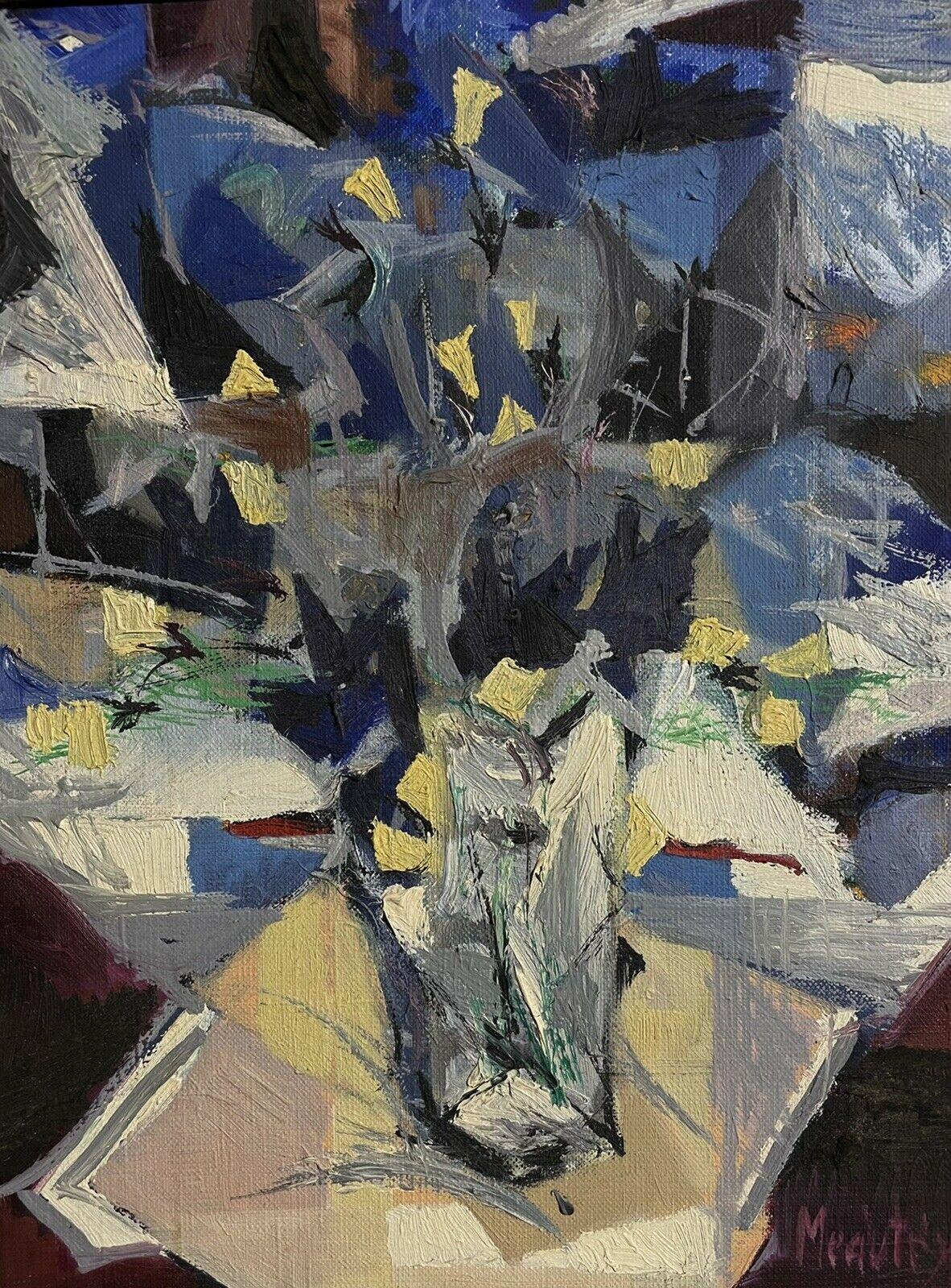 Peinture à l'huile abstraite cubiste française des années 1970 signée, fleurs bleues et blanches dans un vase en vente 1
