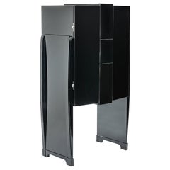 Vintage French Cubistic Art Deco Bar Cabinet Black High-Gloss Finish from the 1930s