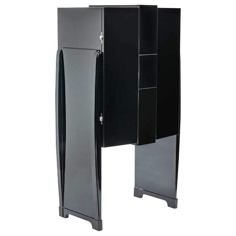 French Cubistic Art Deco Bar Cabinet Black High-Gloss Finish from the 1930s For Sale