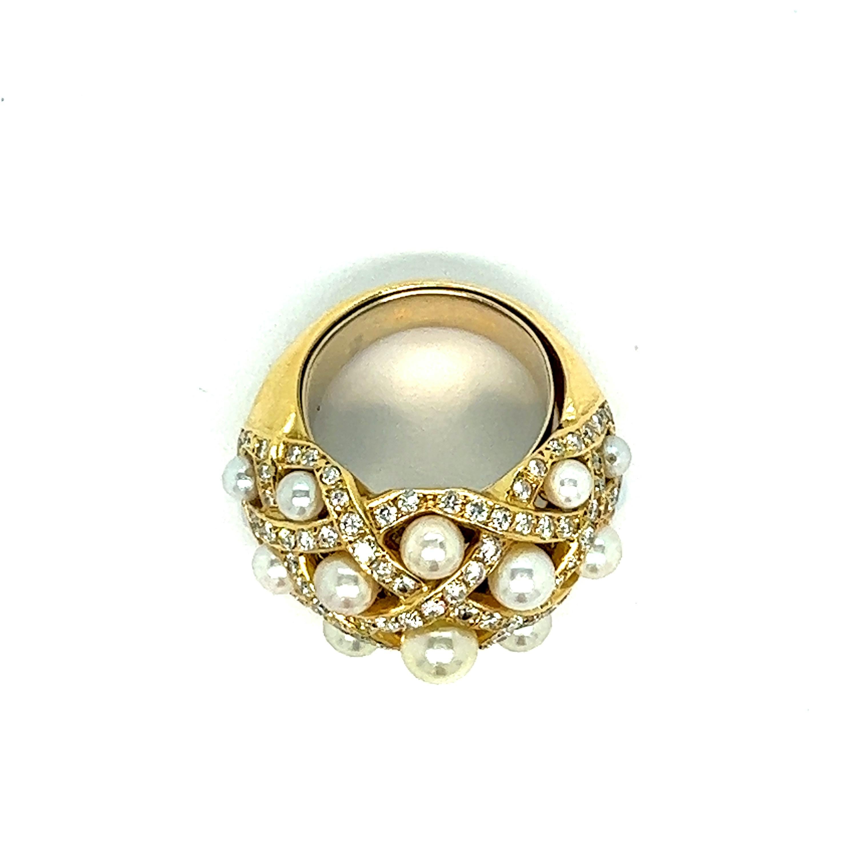 French Cultured Pearls Diamond Gold Ring For Sale 2