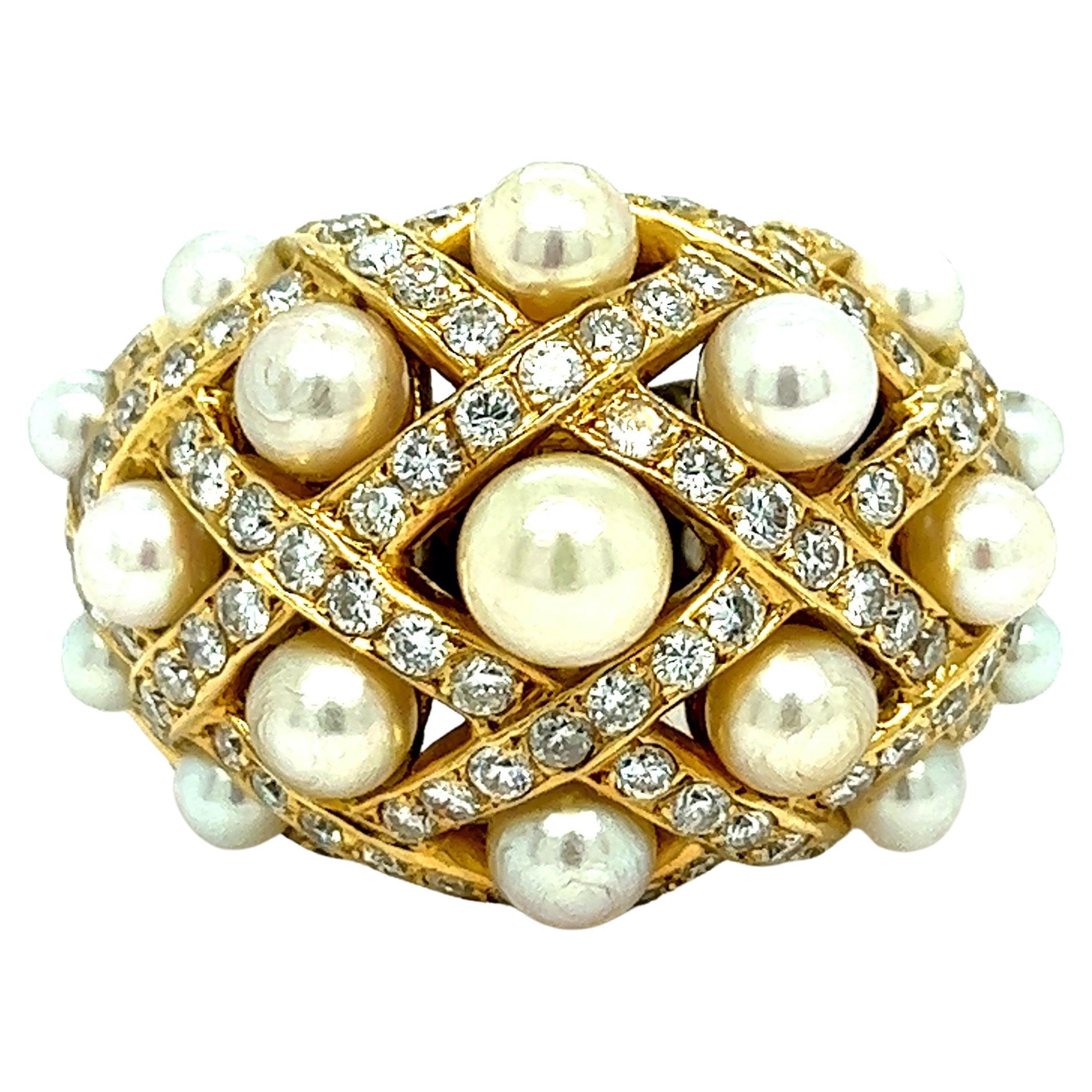 French Cultured Pearls Diamond Gold Ring For Sale