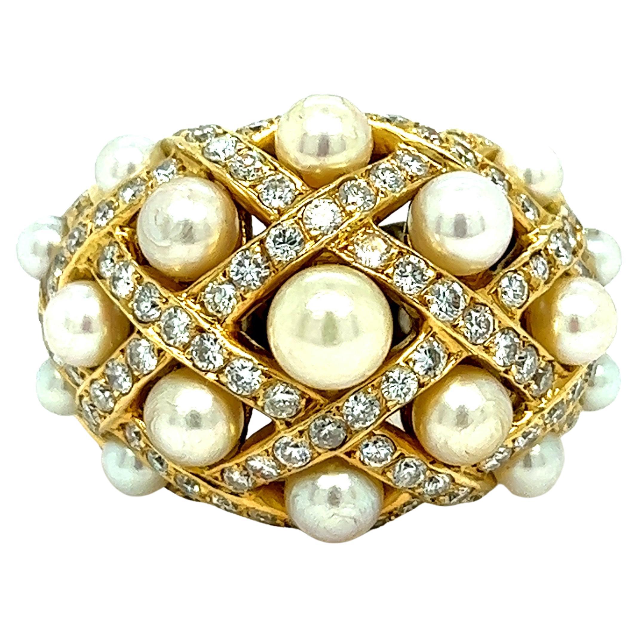 French Cultured Pearls Diamond Gold Ring