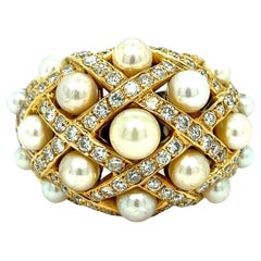 French Cultured Pearls Diamond Gold Ring