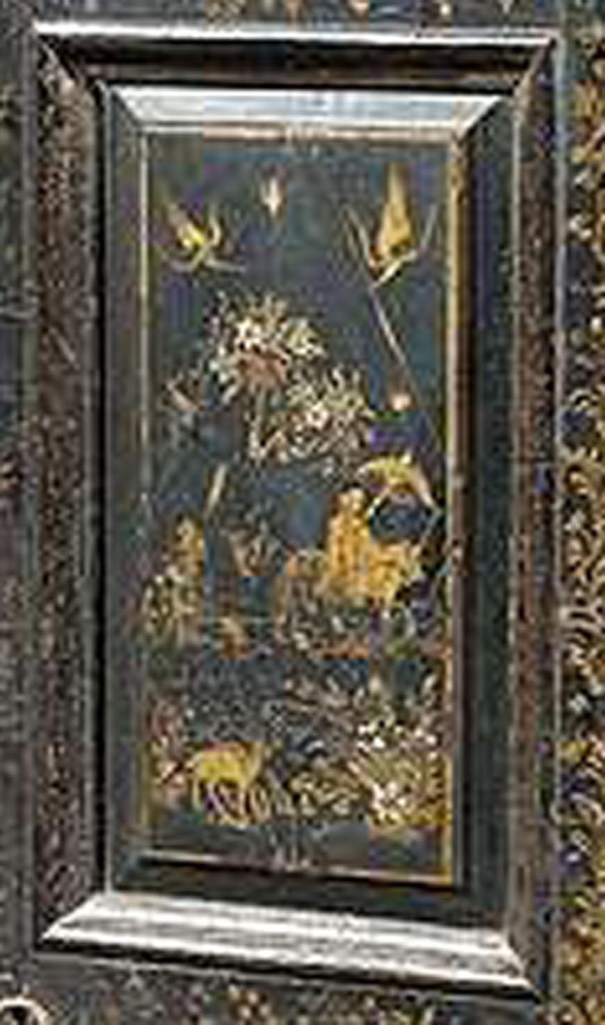 Chinese-style lacquer cupboard with rich painting decoration. The four fillings of the two-doors-cupboard are painted with decorative Chinese sceneries, flowers, landscape, animals and buildings. The ground color is black, the Chinese-style lacquer