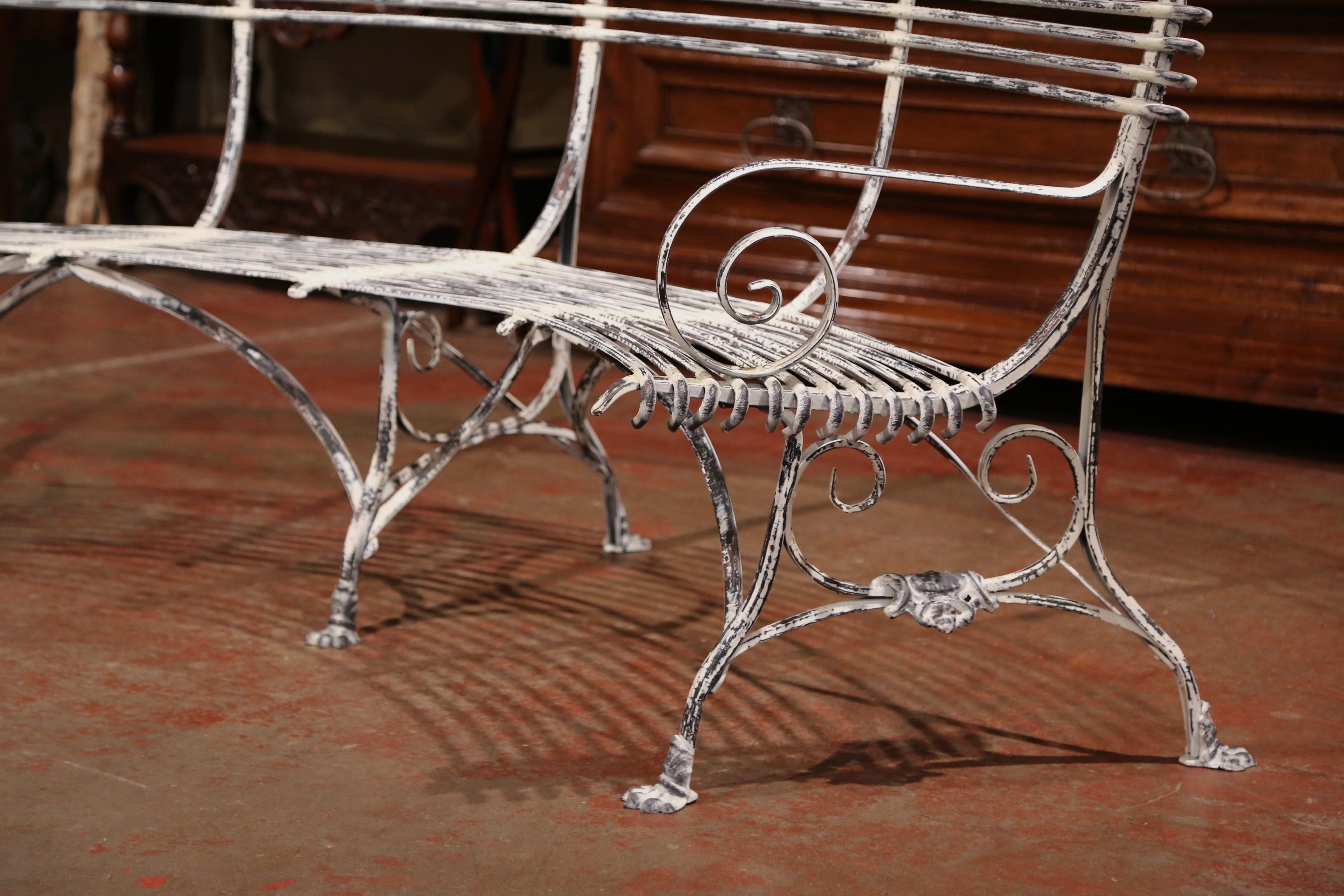 French Curved and Painted Iron Bench with Paw Feet Signed Sauveur Arras In Excellent Condition In Dallas, TX
