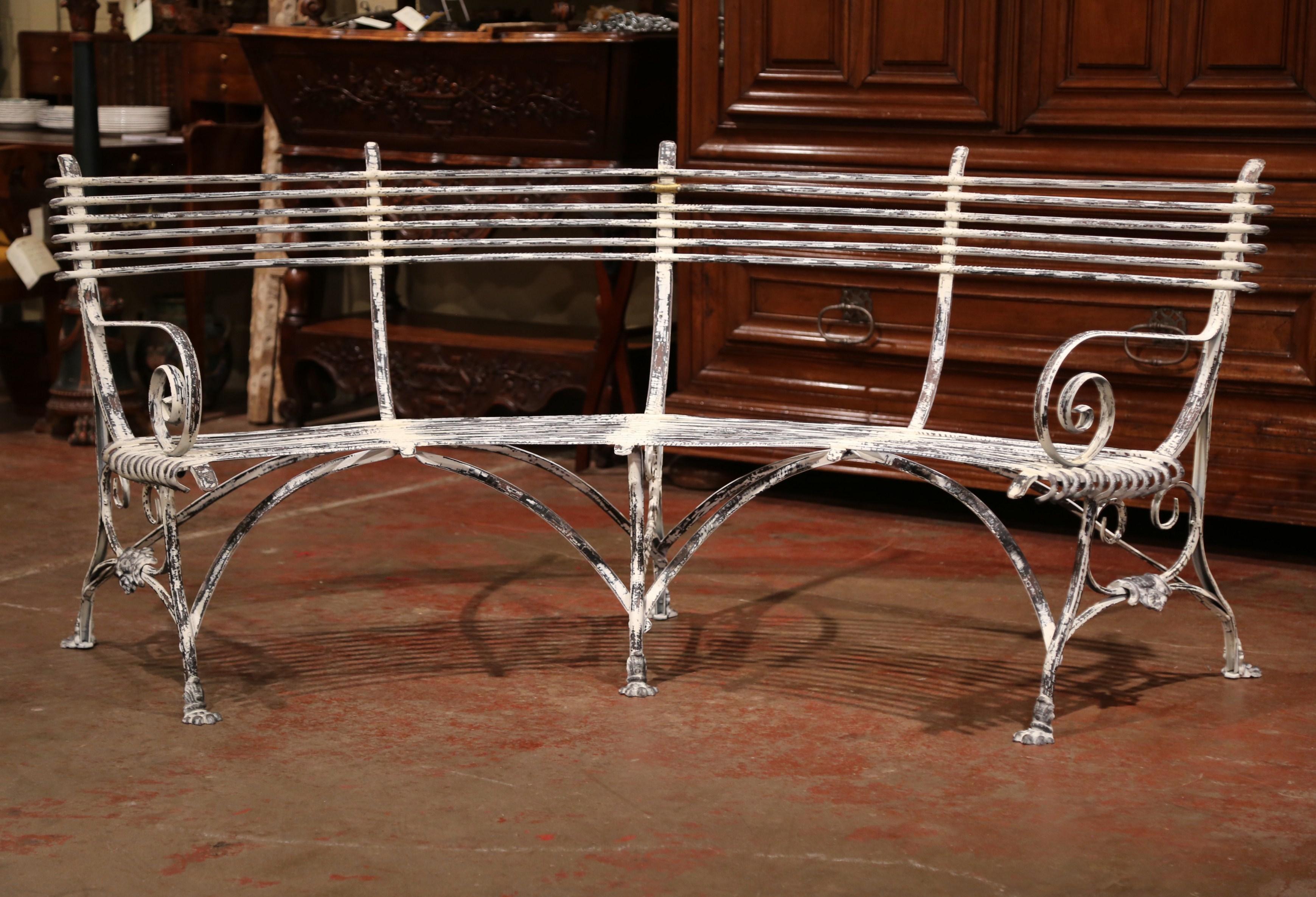 Contemporary French Curved and Painted Iron Bench with Paw Feet Signed Sauveur Arras