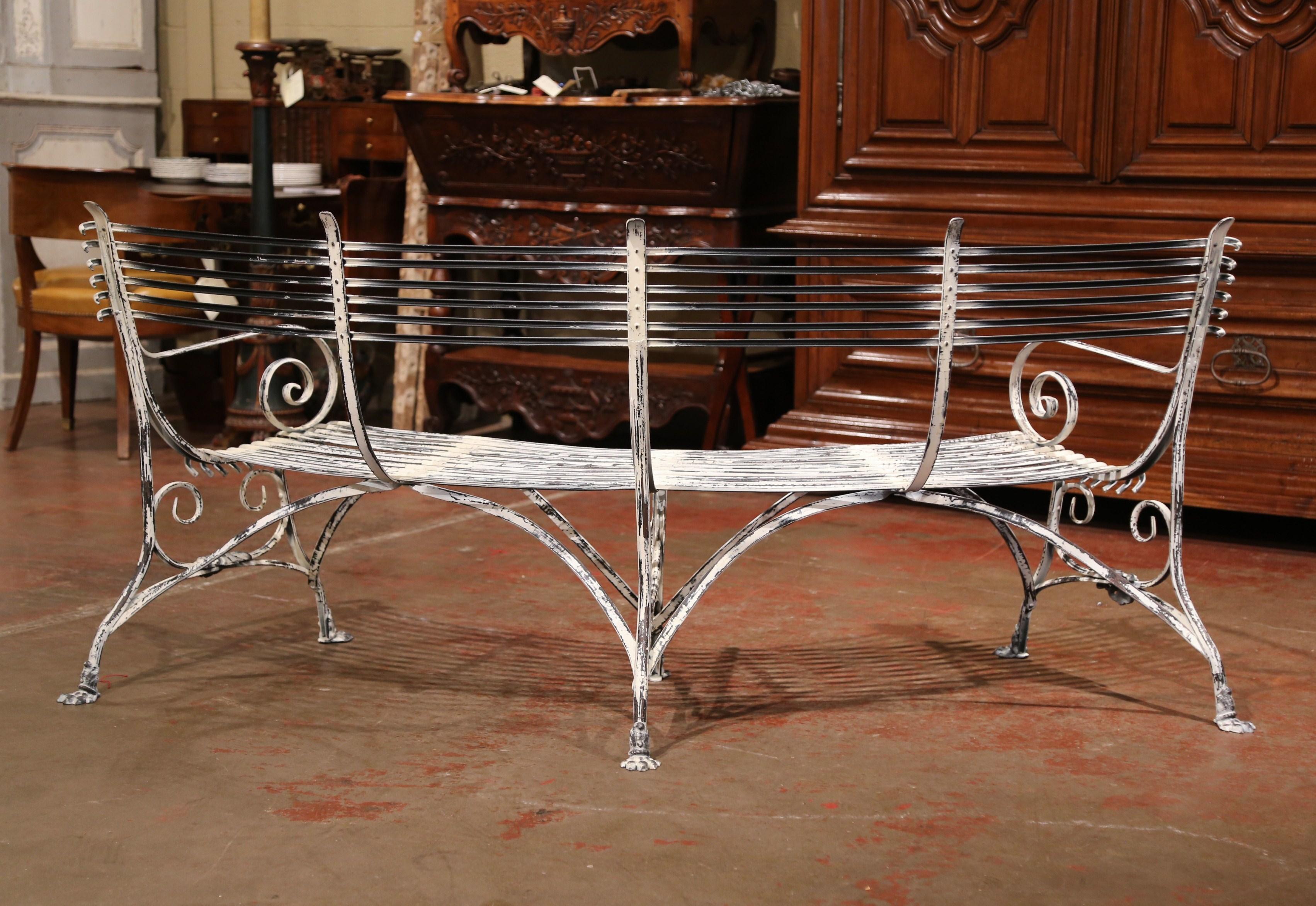 French Curved and Painted Iron Bench with Paw Feet Signed Sauveur Arras 3