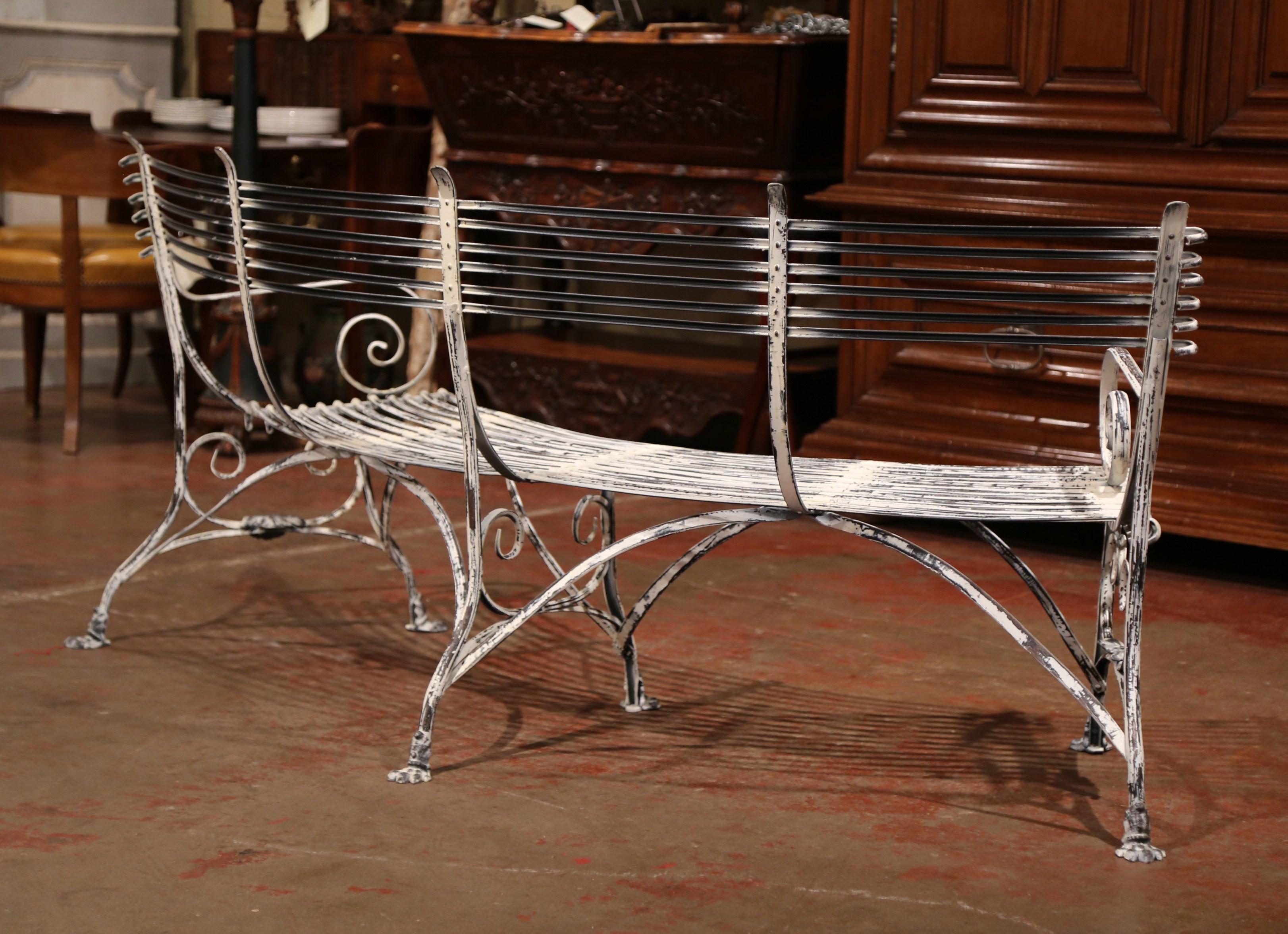 French Curved and Painted Iron Bench with Paw Feet Signed Sauveur Arras 4