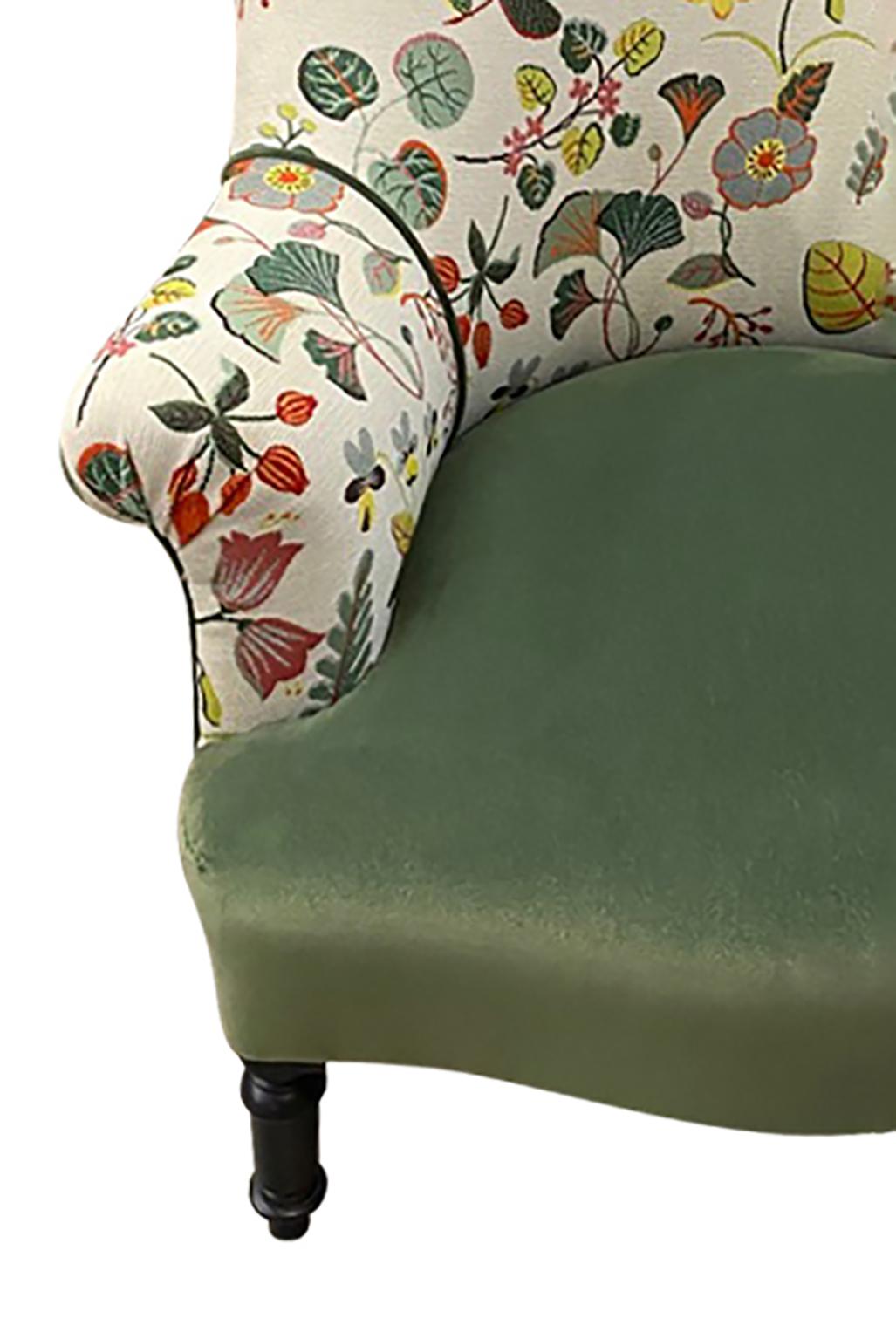Velvet French Curved Armchair with Floral Fabric