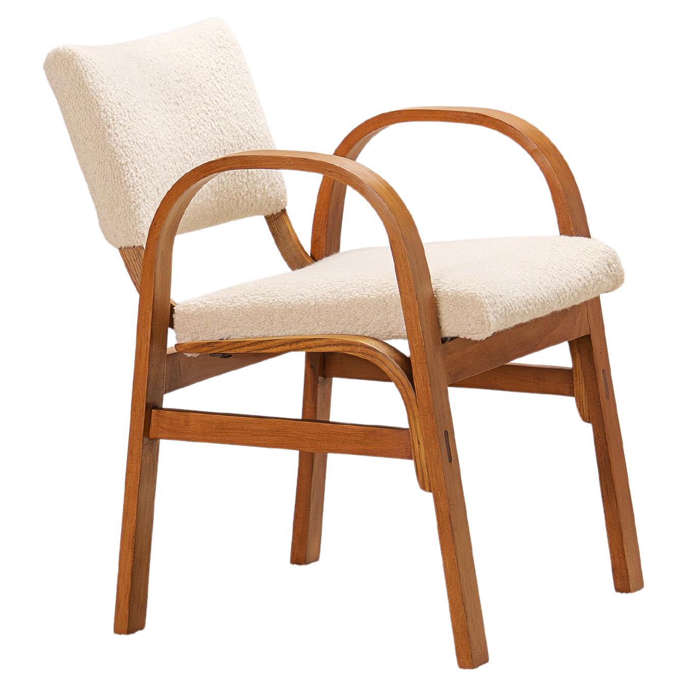 French Curved Beechwood Armchair, Late 1940s–1950s, Newly Upholstered in Nobilis For Sale