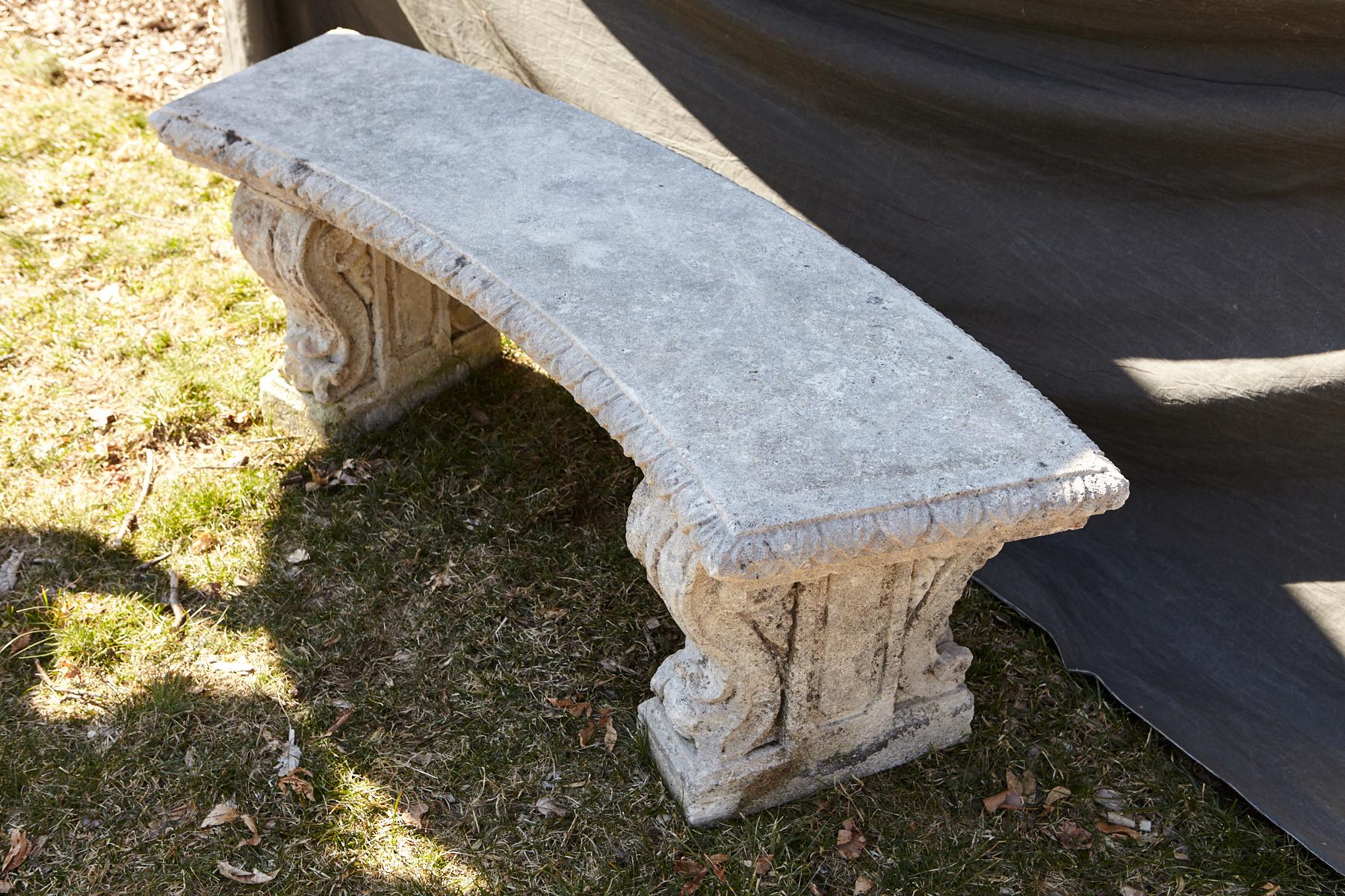 Curved Cast Stone Bench on Scrolled Leaves Base, circa 1960s, No. 2 5