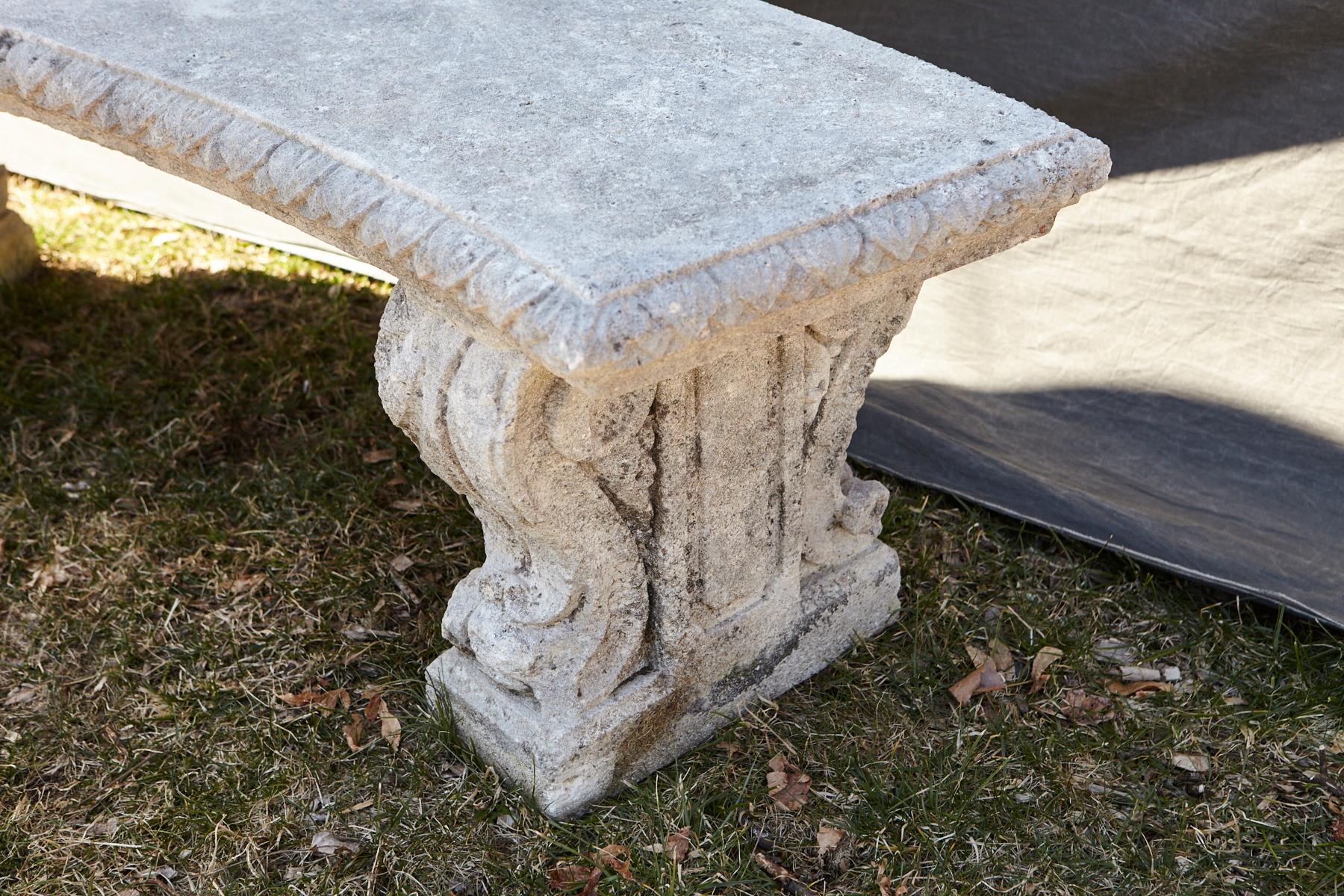 20th Century Curved Cast Stone Bench on Scrolled Leaves Base, circa 1960s, No. 2