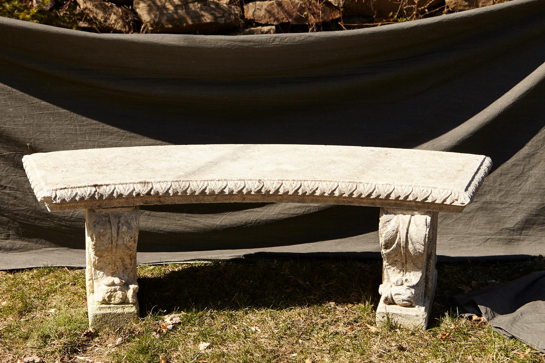 Curved Cast Stone Bench on Scrolled Leaves Base, circa 1960s, No. 2 2