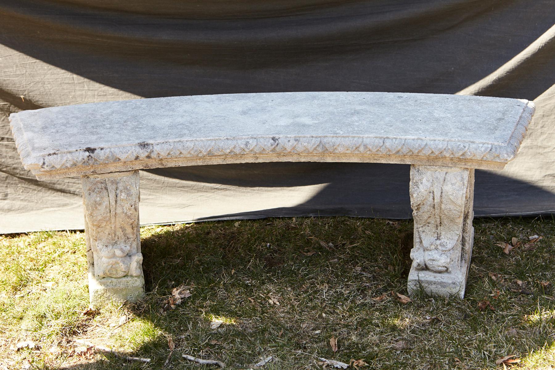 Curved Cast Stone Bench on Scrolled Leaves Base, circa 1960s, No. 2 4