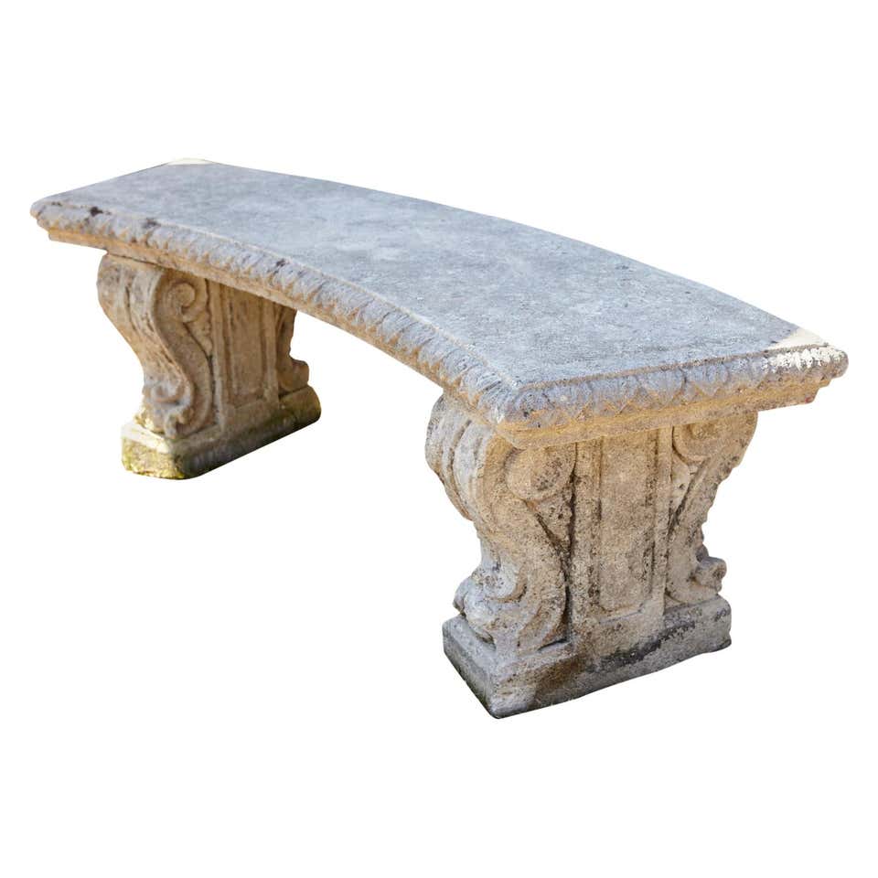 Curved Cast Stone Bench on Scrolled Leaves Base, circa 1960s, No. 2 at ...