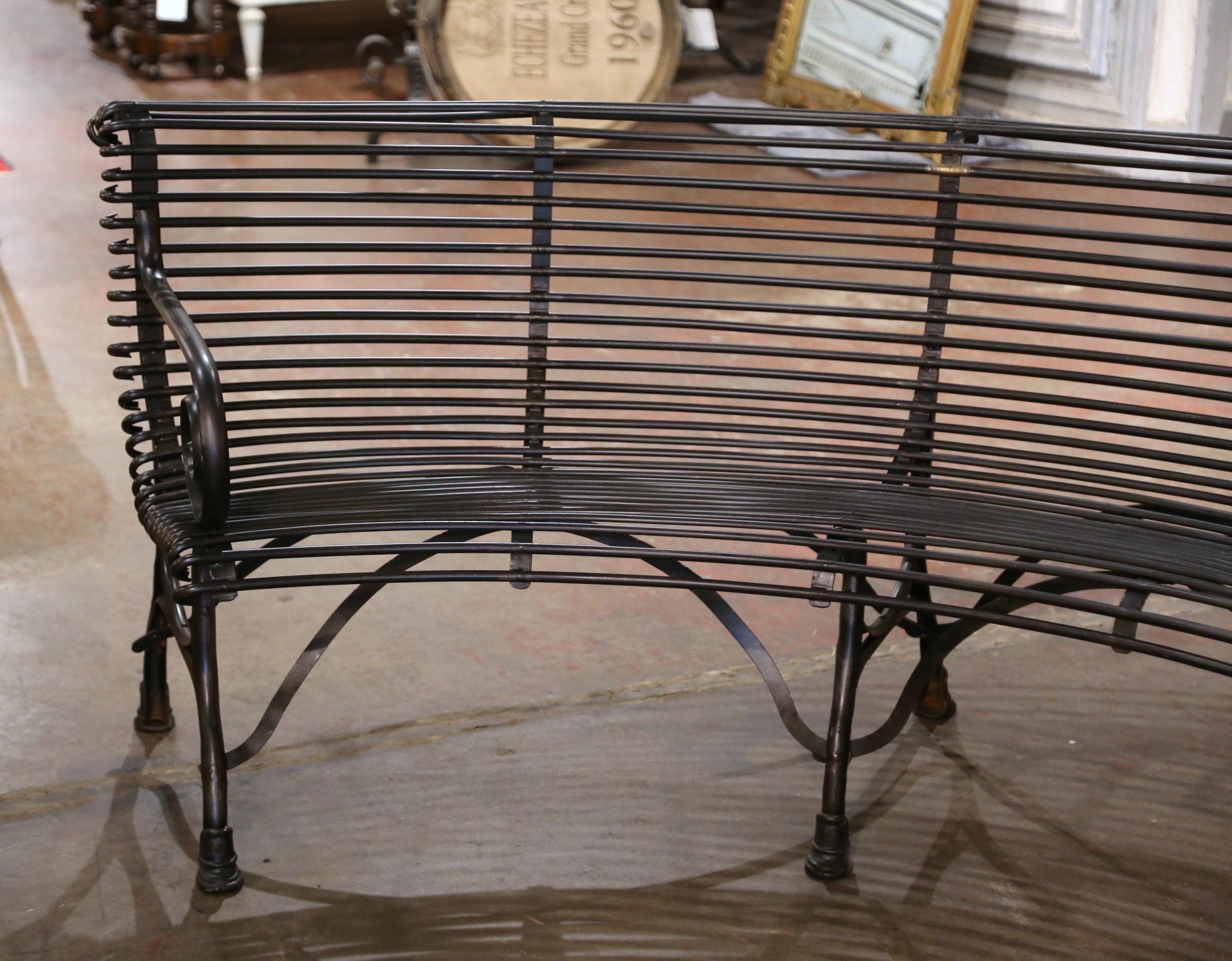 Hand-Painted French Curved Iron Bench with Hoof Feet Signed Sauveur Arras For Sale