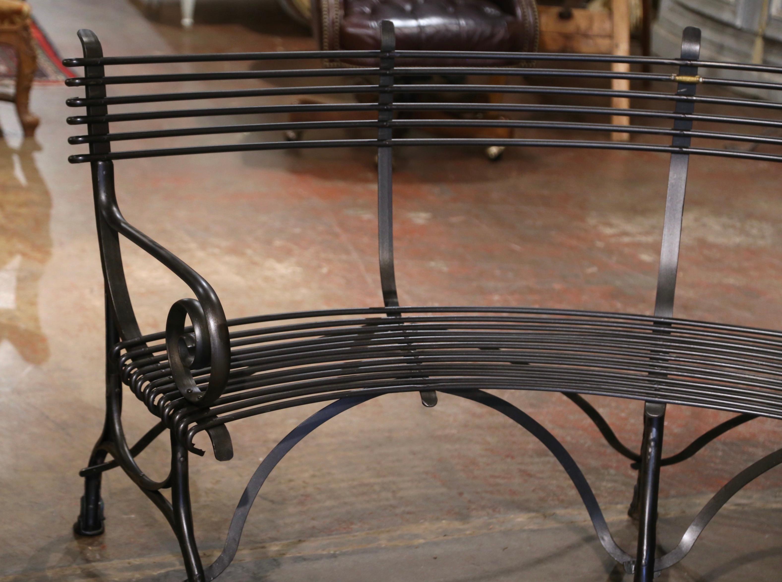Hand-Crafted French Curved Iron Four-Seat Bench Signed 